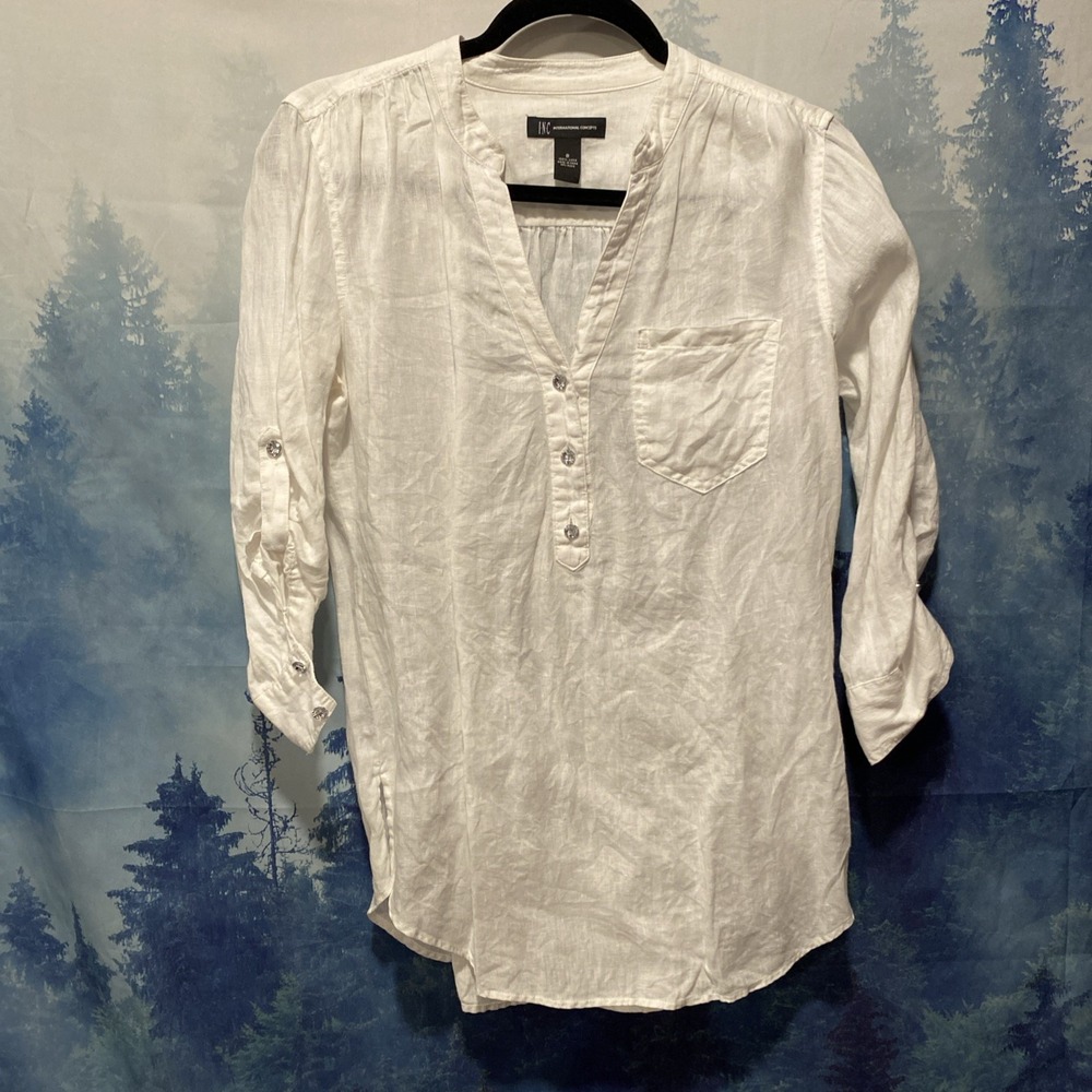 INC International Concepts Women  Linen‎ Blouse White SZ 8